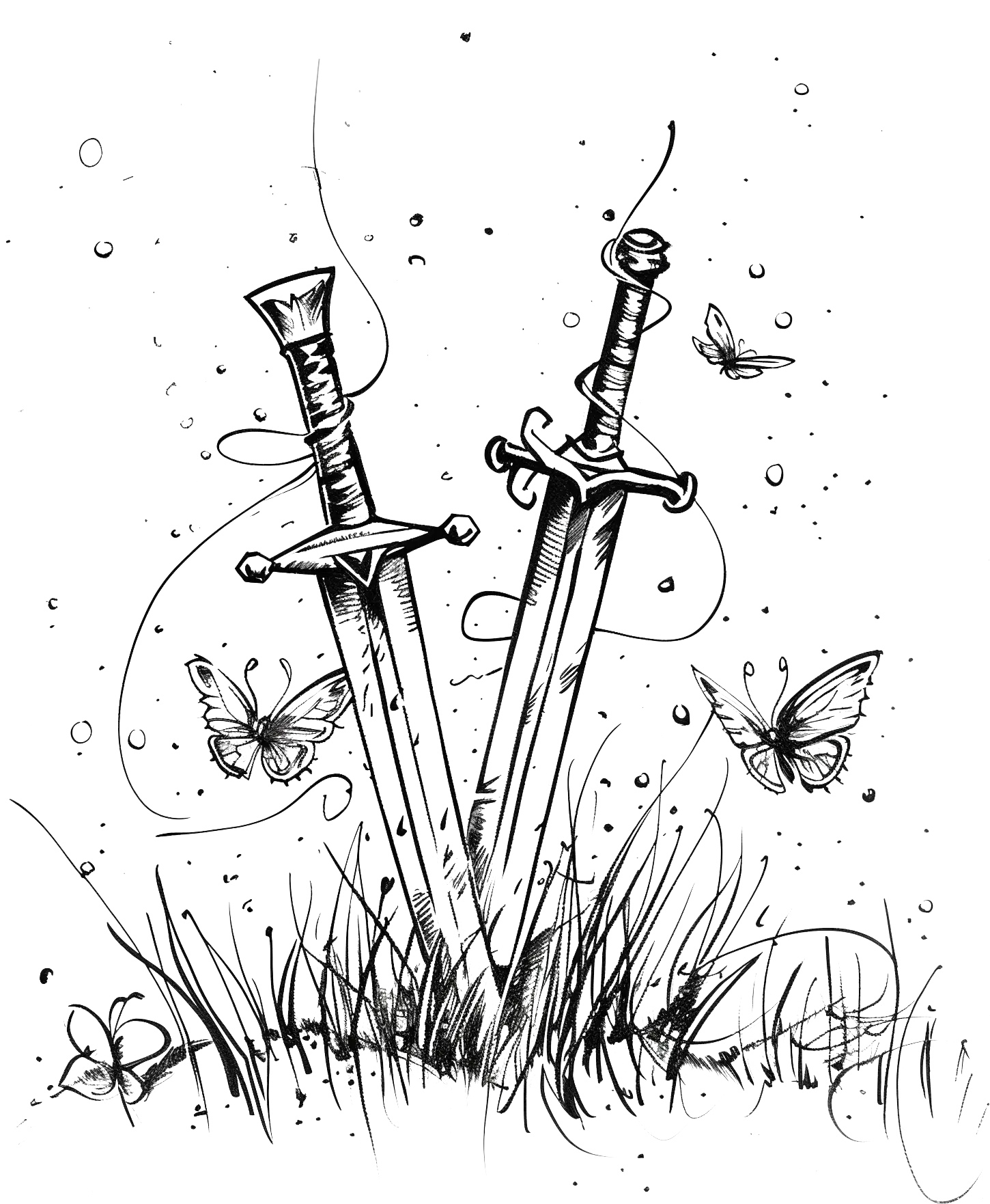 Swords and butterflies in a field of grass, in ink